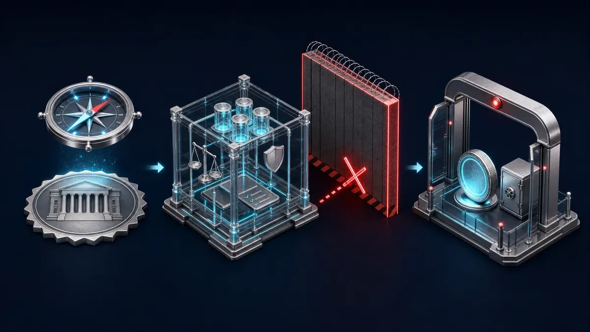 Mandate-rules-and-supervision Three-stage illustration of the innovation objective, regulatory rules and supervision of a single stablecoin.