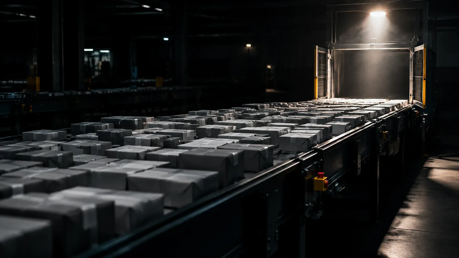A motionless conveyor belt in a dark sorting hall with tightly packed grey parcels, and an open gate in the spotlight at the end of the belt