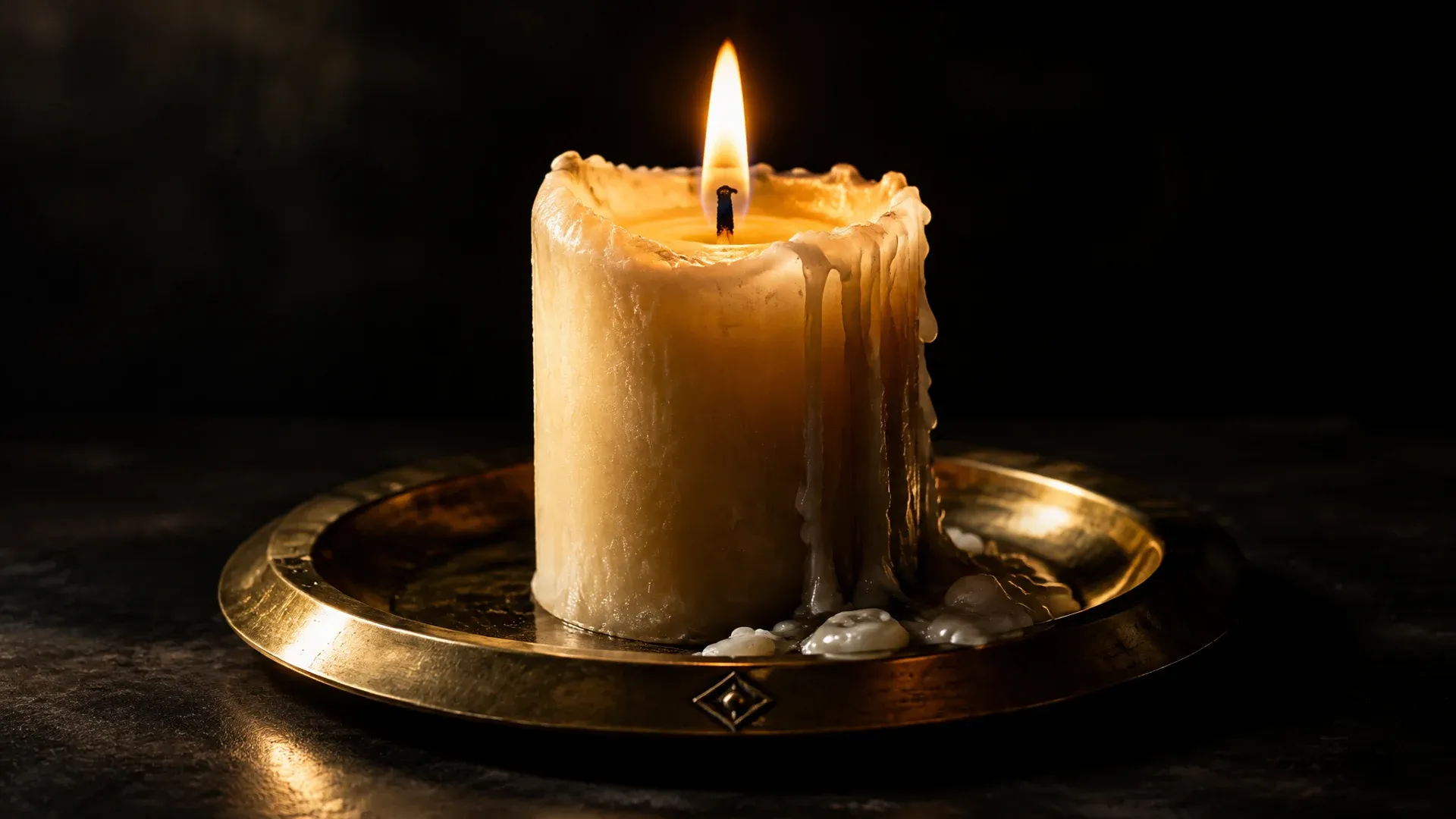 Thick wax candle close to its end on a brass plate, a steady flame and hardened drops of wax at the rim