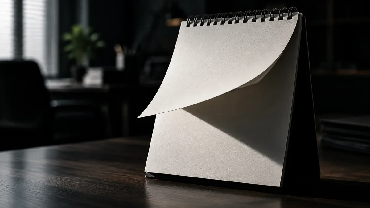 Desk calendar with blank, unlabelled pages, one page half turned, a dark office scene behind it