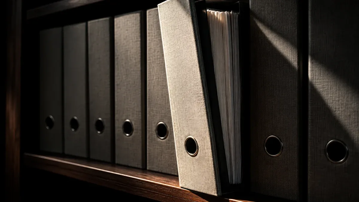 Row of thick linen ring binders without labels on a dark wooden shelf, one binder pulled halfway out