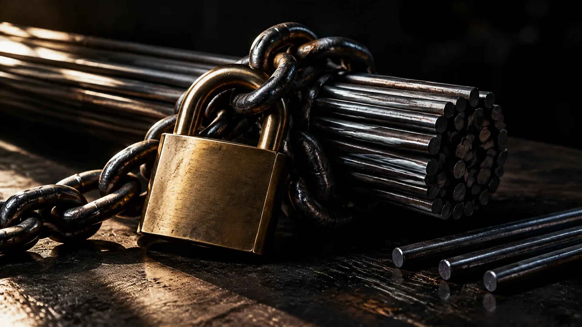 Heavy brass padlock on a thick steel chain on a dark workbench, the chain holding a large bundle of steel bars together, a few single bars lying loose beside it
