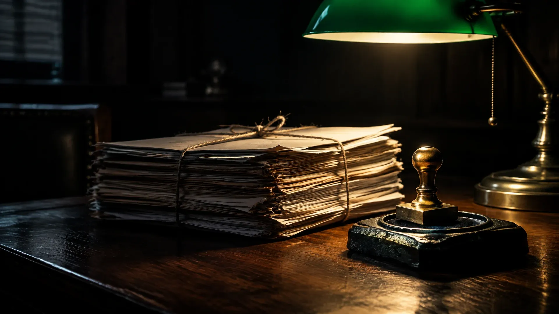 Single stack of tied bundles of paper files under a green desk lamp in a dark government office, beside it a heavy brass stamp on a blotter rocker