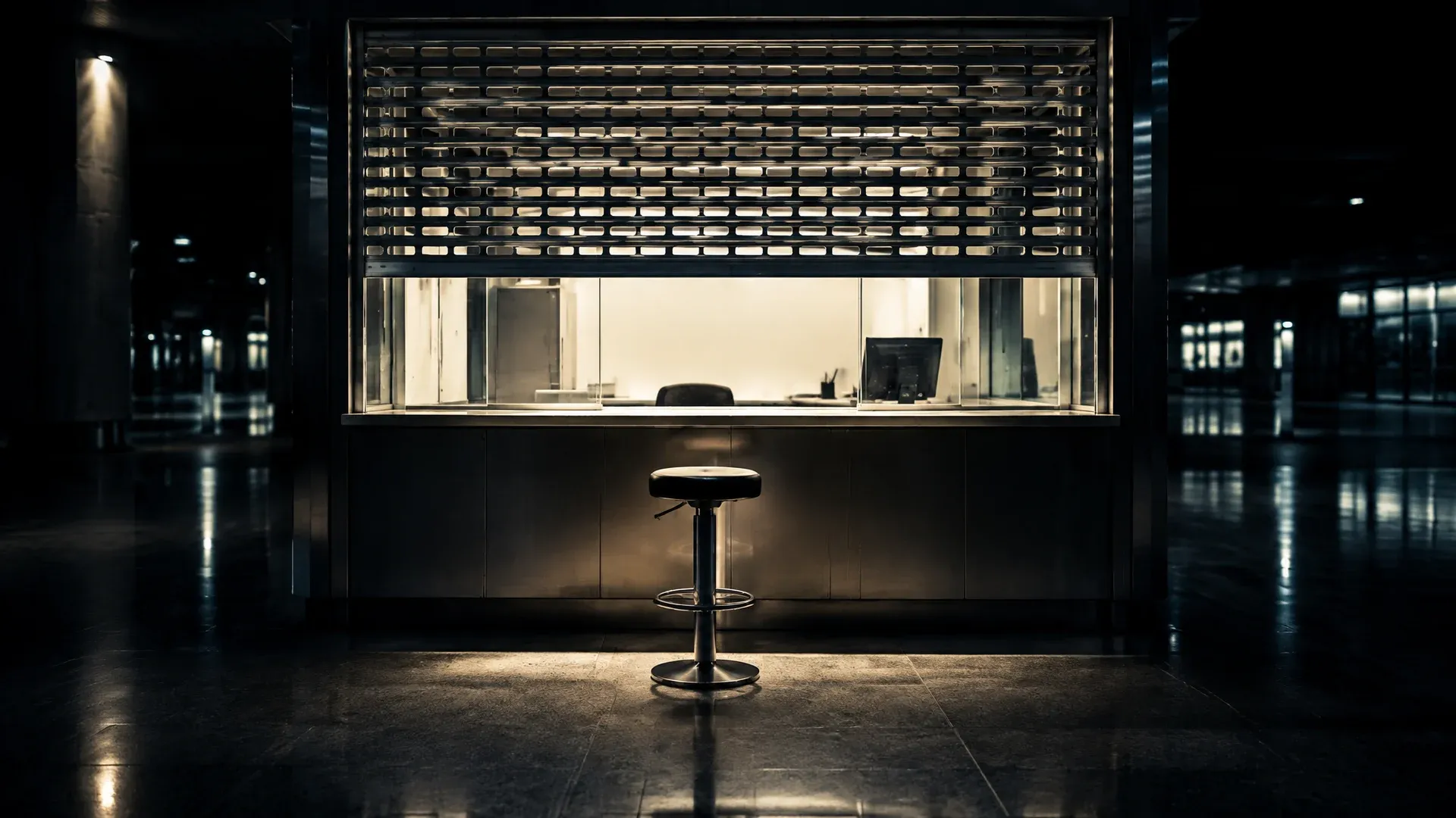 Empty trading counter behind glass with a half-lowered roller shutter, a single bar stool in front of it in a dark hall