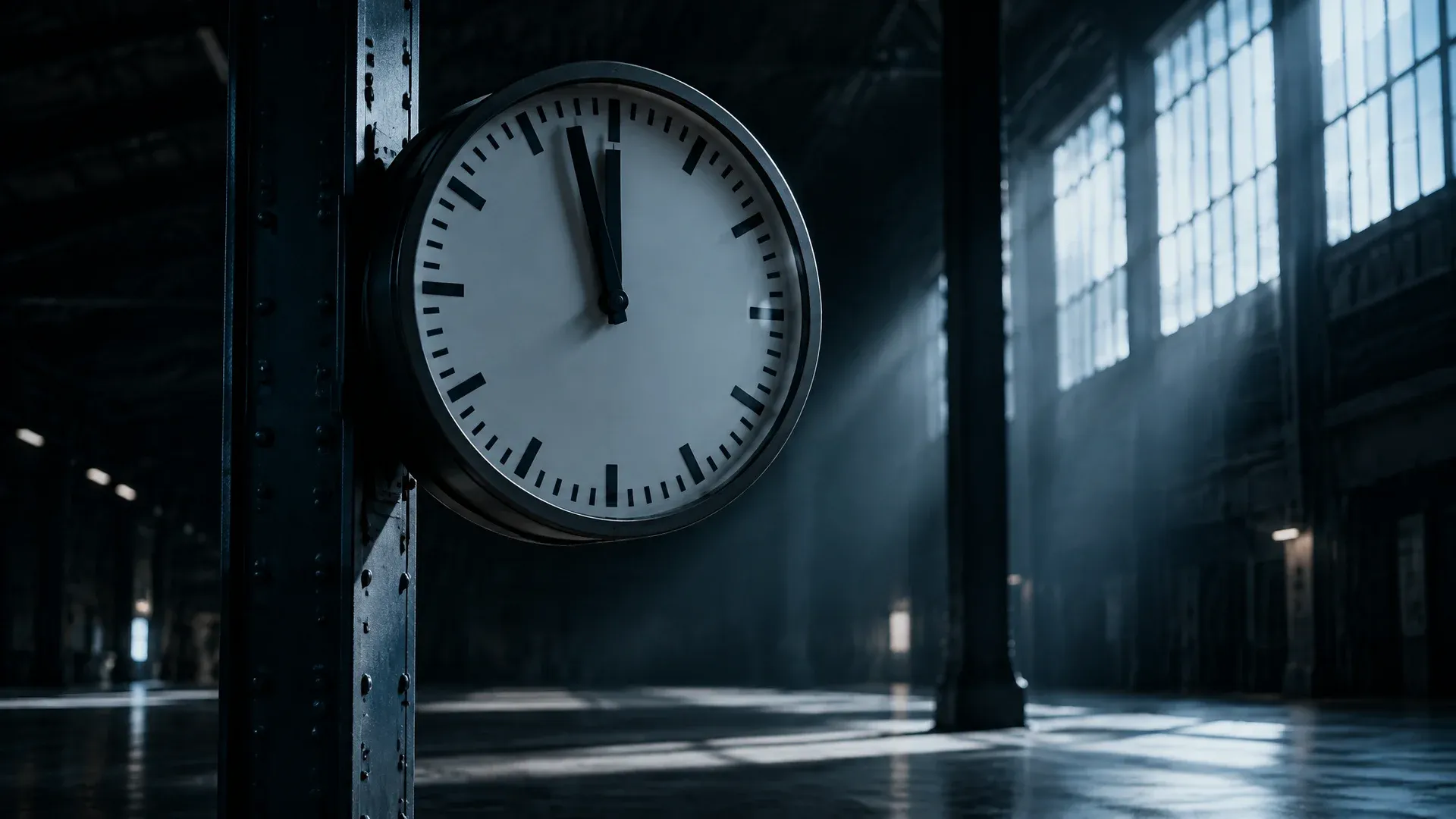 Large numberless station clock on a riveted steel strut in an empty hall, the minute hand just short of the top