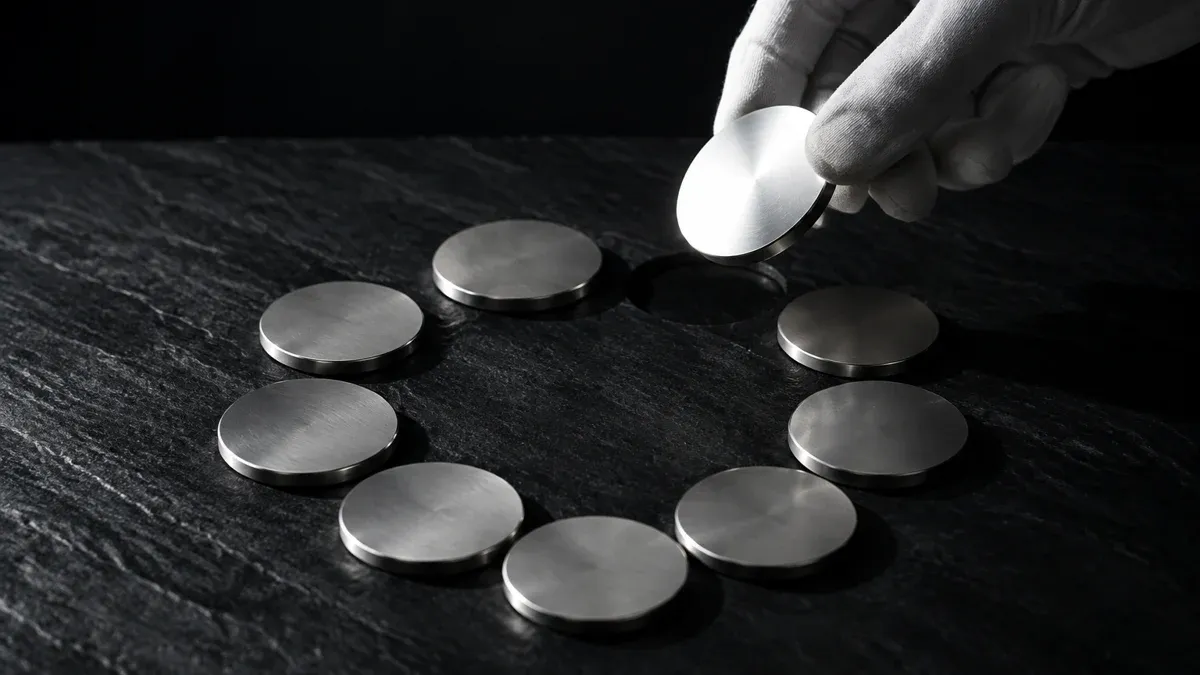 Coins: ten plain metal discs in an even circle on dark slate, a gloved hand swapping one of them for a lighter one