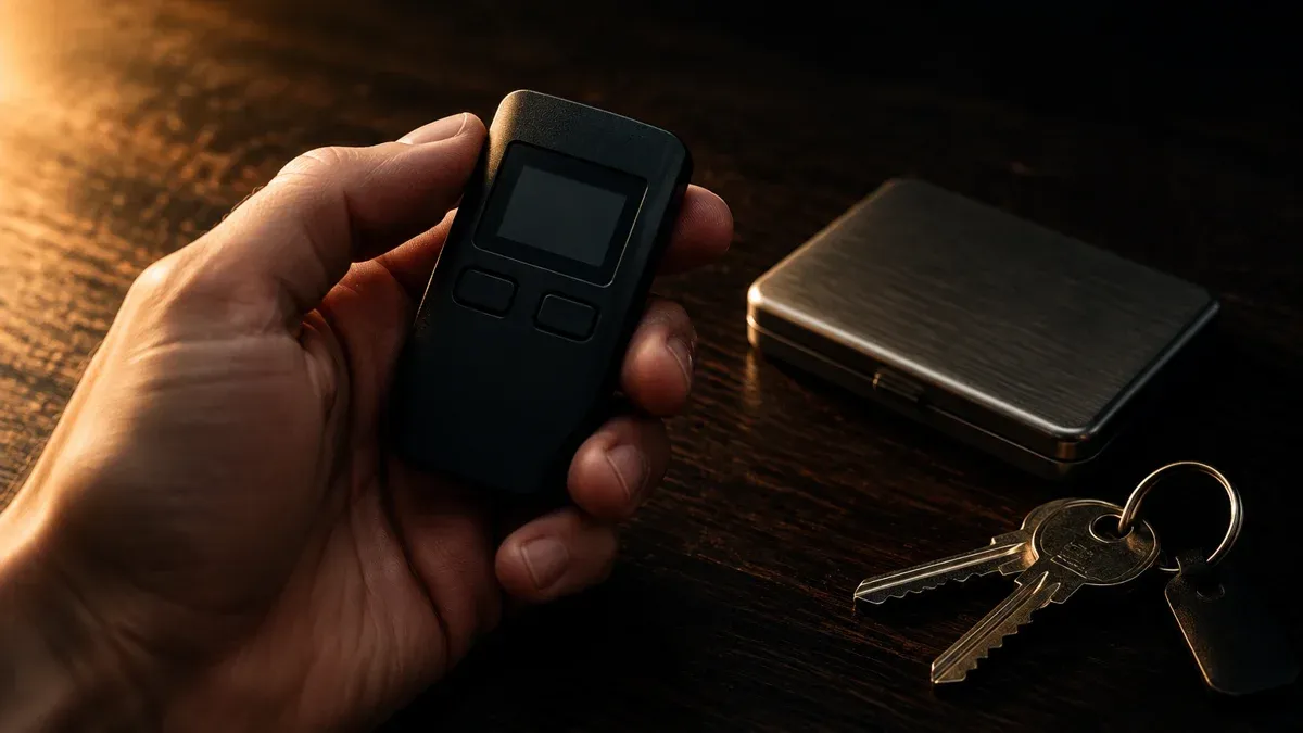 Unbranded hardware wallet in a hand, beside a closed metal case and a bunch of keys on dark wood