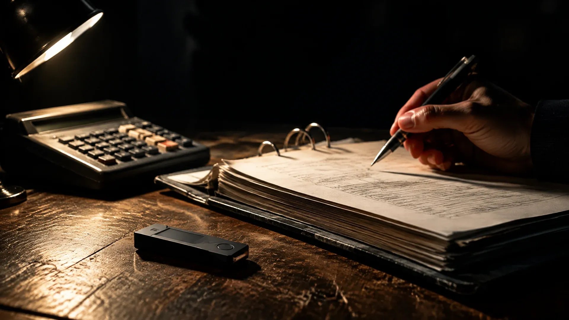 Thick open ring binder and an old desk calculator on a worn wooden surface, a hand holding a pen above the paper, an unbranded black hardware wallet beside it