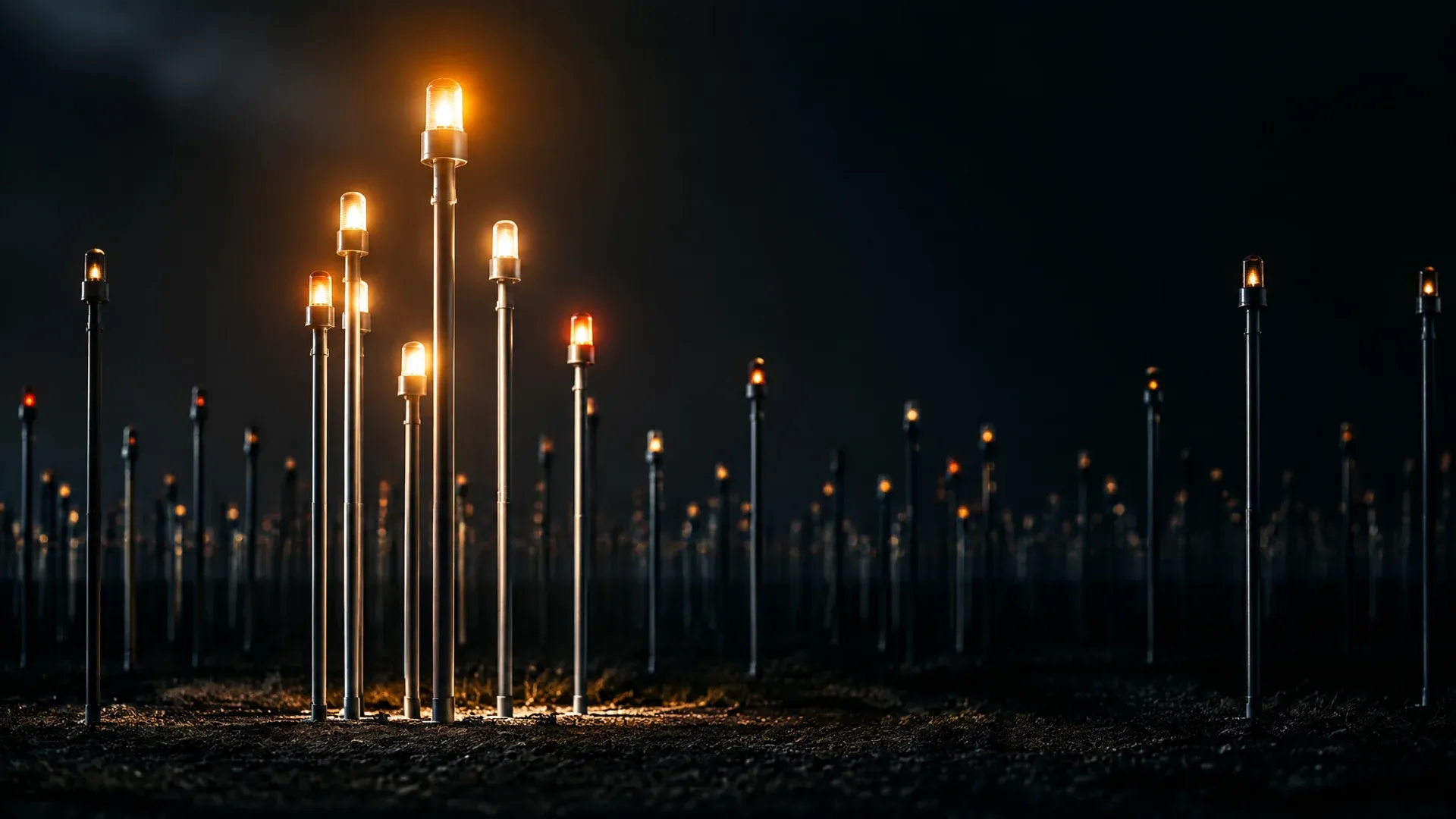 Field of hundreds of slim metal masts at night, each carrying a small signal light, with a handful of masts in the foreground glowing far brighter than the rest