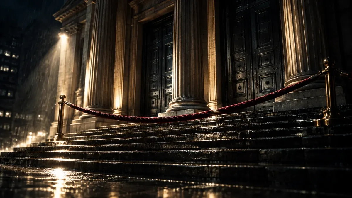 Closed columned portico of a stock exchange at night, a barrier rope lying across the wet steps